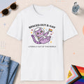 White color all-gender graphic t-shirt with "Spaced Out Cat" design