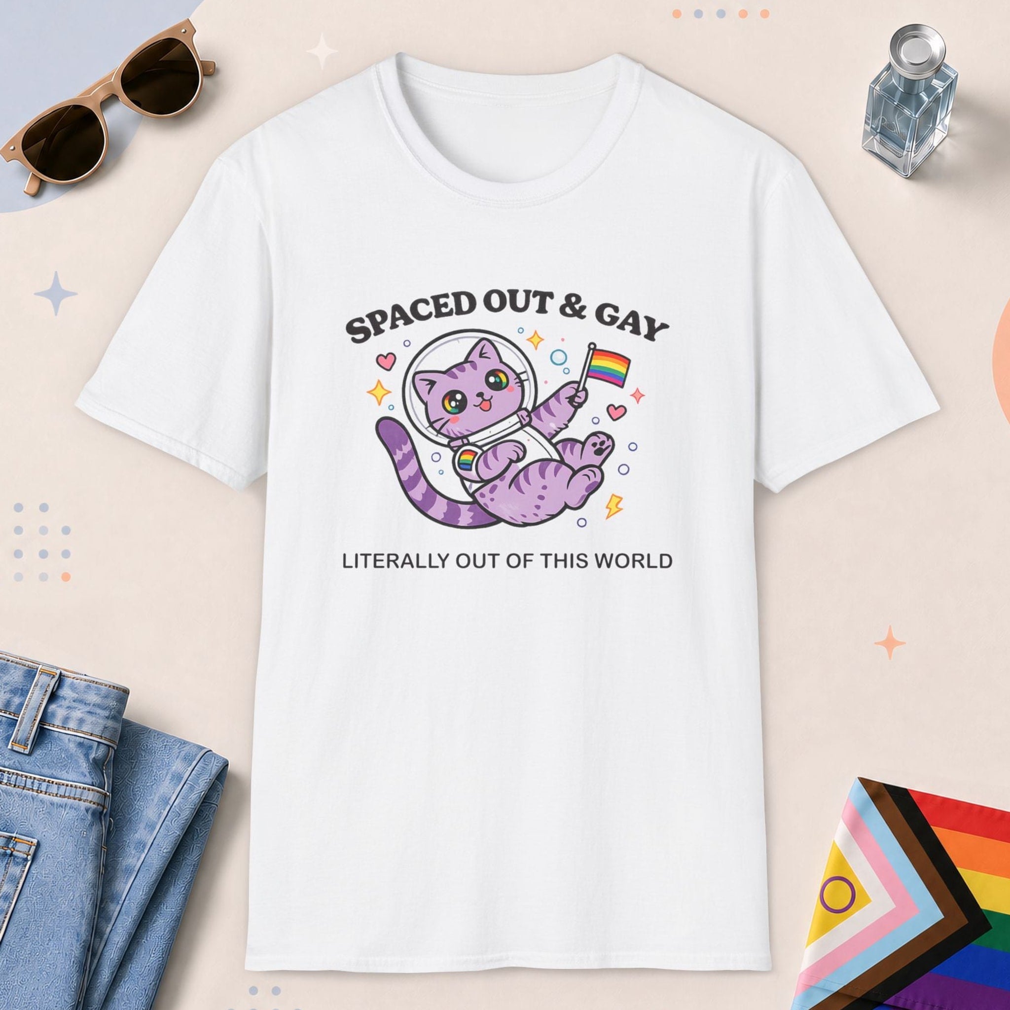 White color all-gender graphic t-shirt with "Spaced Out Cat" design