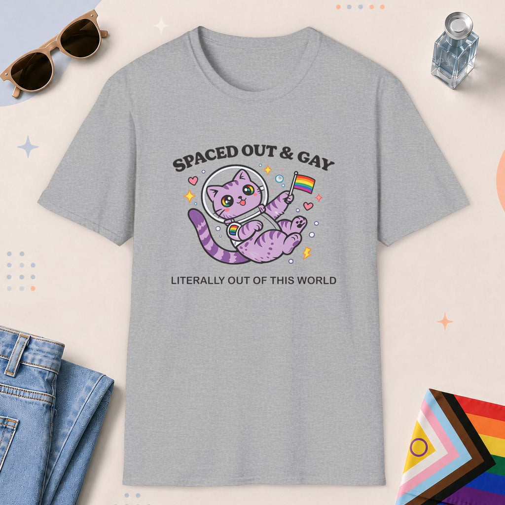 Sport Grey color all-gender graphic t-shirt with "Spaced Out Cat" design