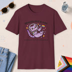 Maroon color all-gender graphic t-shirt with "Spaced Out Cat" design