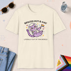 Natural color all-gender graphic t-shirt with "Spaced Out Cat" design