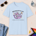 Light Blue color all-gender graphic t-shirt with "Spaced Out Cat" design
