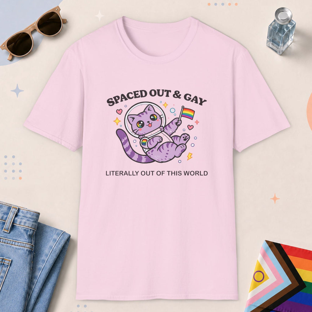 Light Pink color all-gender graphic t-shirt with "Spaced Out Cat" design