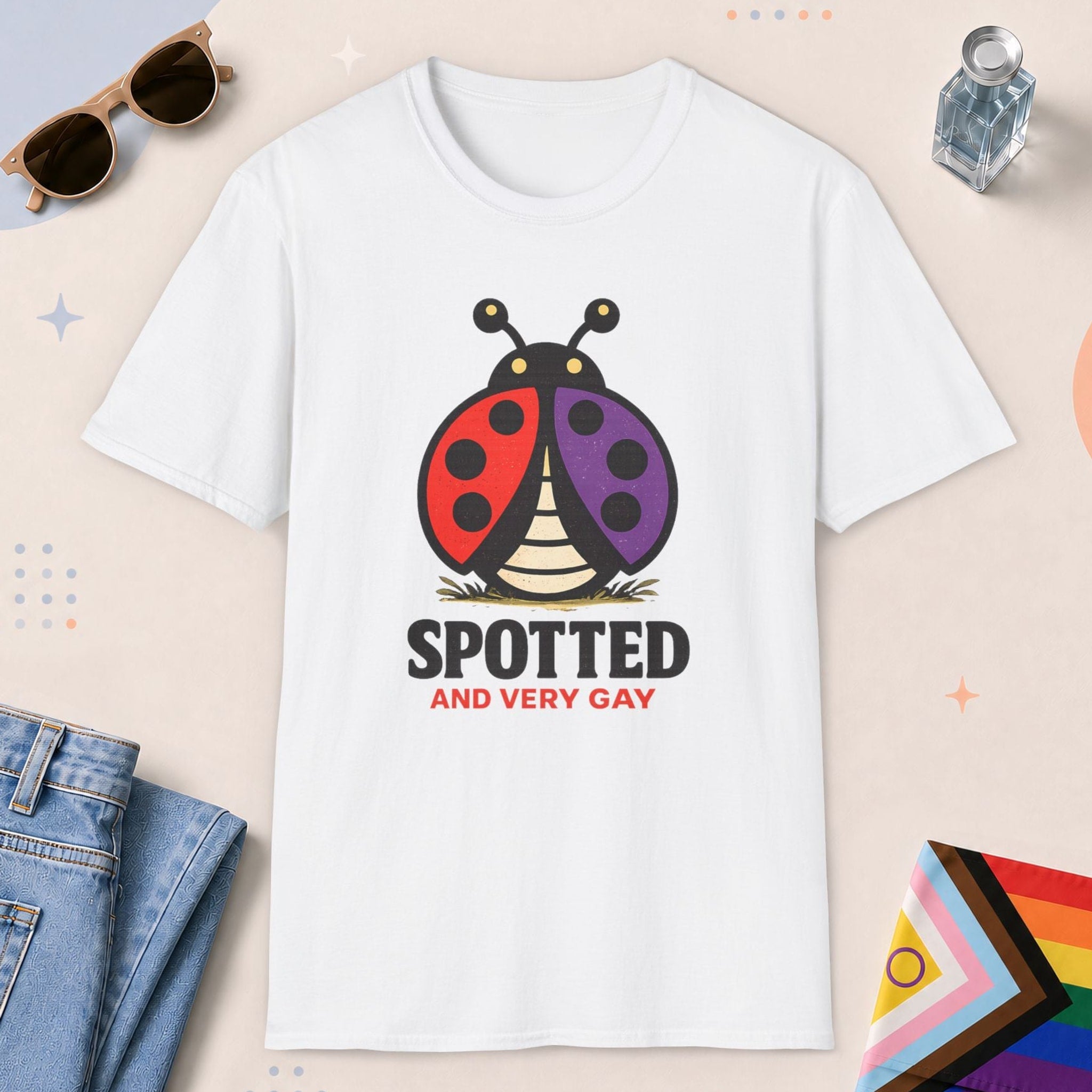 White color all-gender graphic t-shirt with "Spotted Very Gay" design
