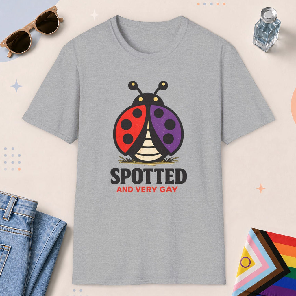 Sport Grey color all-gender graphic t-shirt with "Spotted Very Gay" design