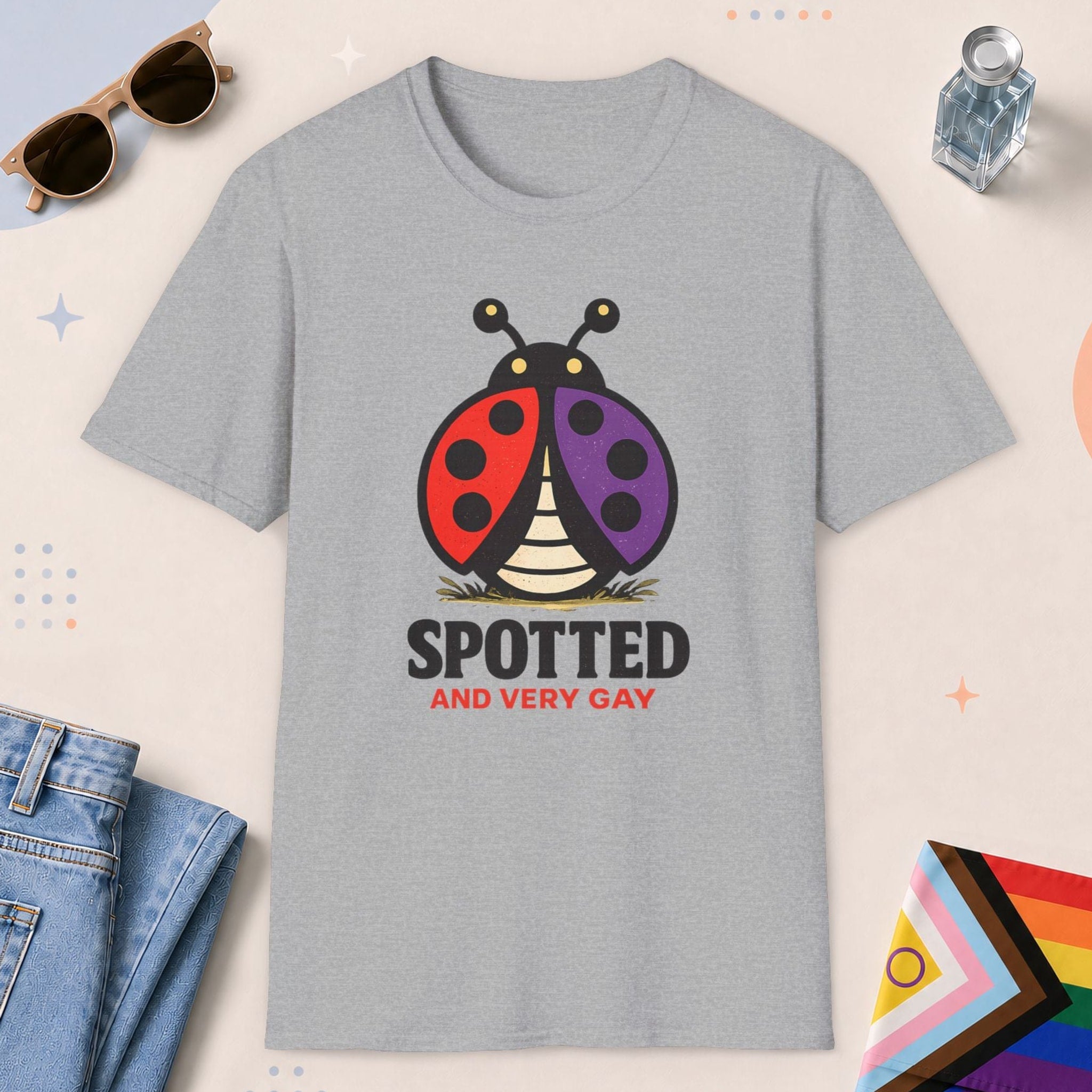Sport Grey color all-gender graphic t-shirt with "Spotted Very Gay" design
