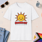 White color all-gender graphic t-shirt with "Sunshine Gay" design