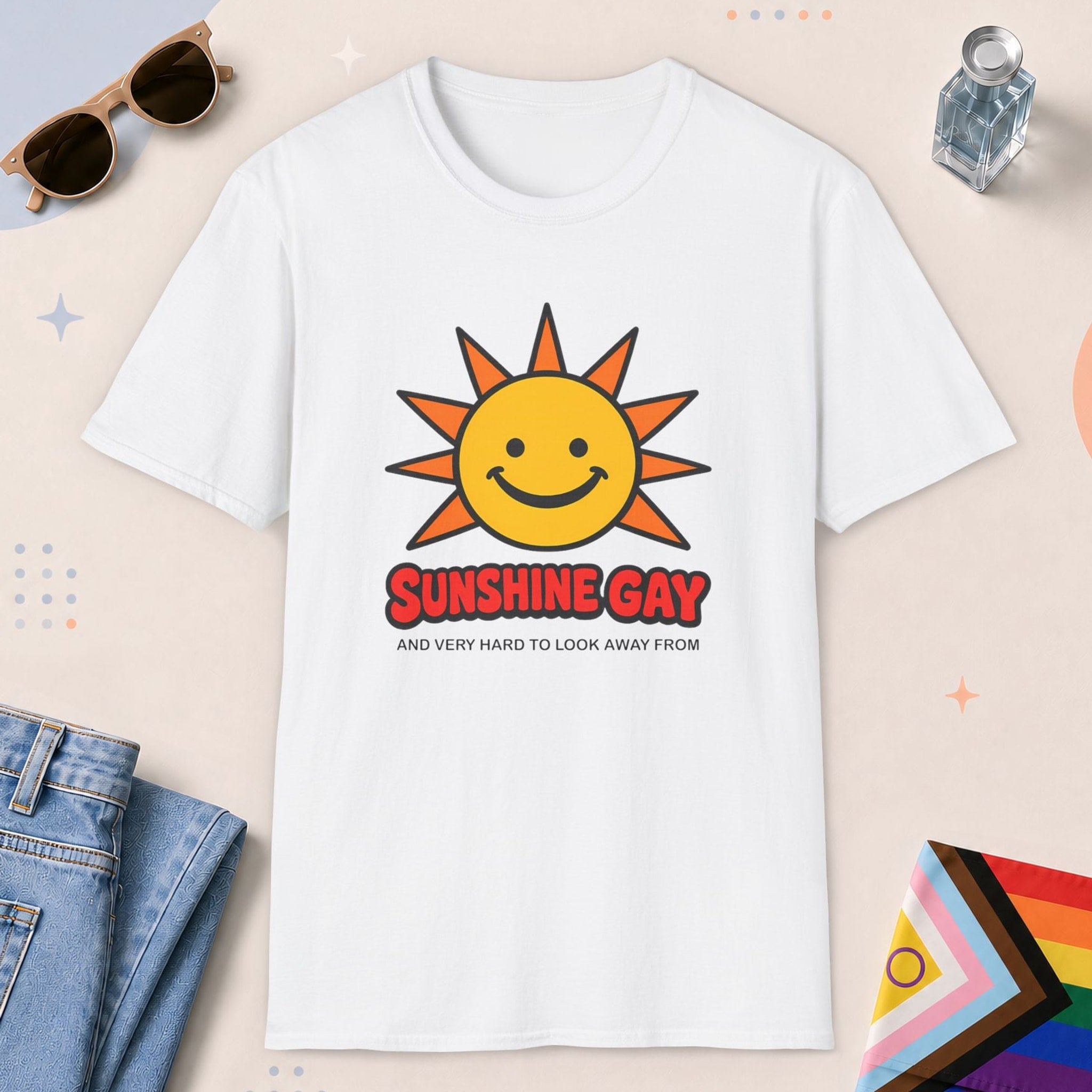 White color all-gender graphic t-shirt with "Sunshine Gay" design