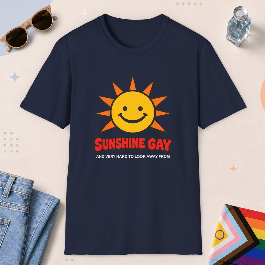 Navy color all-gender graphic t-shirt with "Sunshine Gay" design