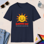 Navy color all-gender graphic t-shirt with "Sunshine Gay" design
