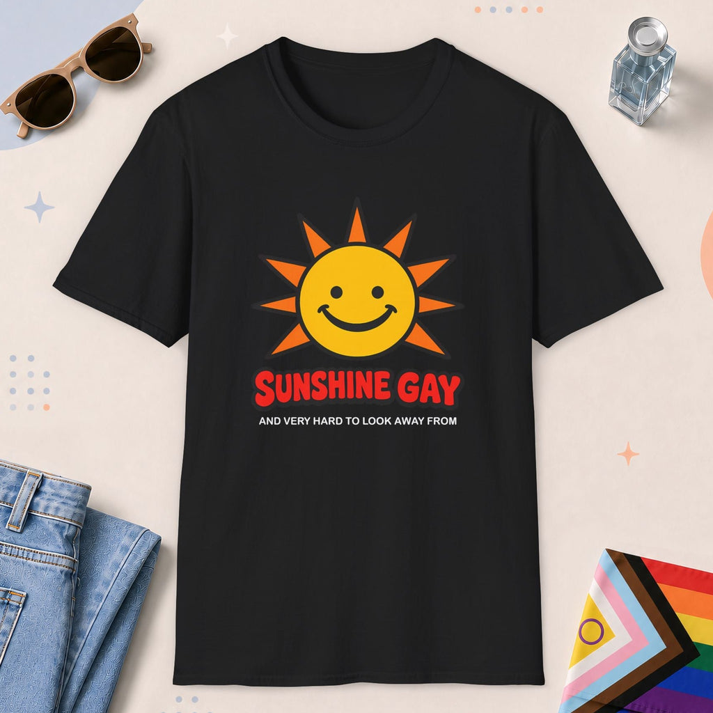 Black color all-gender graphic t-shirt with "Sunshine Gay" design