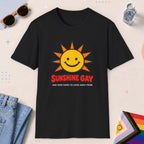 Black color all-gender graphic t-shirt with "Sunshine Gay" design