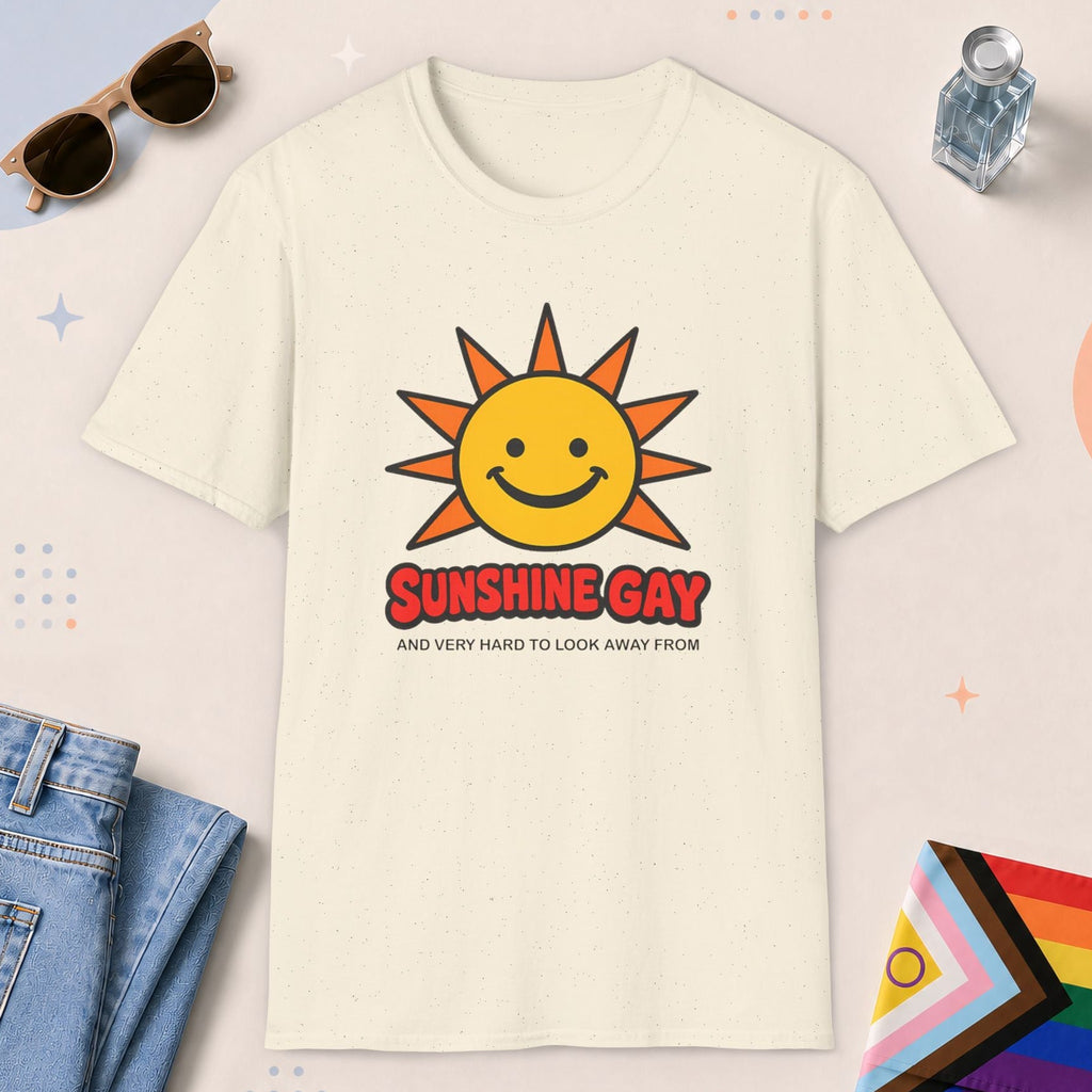 Natural color all-gender graphic t-shirt with "Sunshine Gay" design