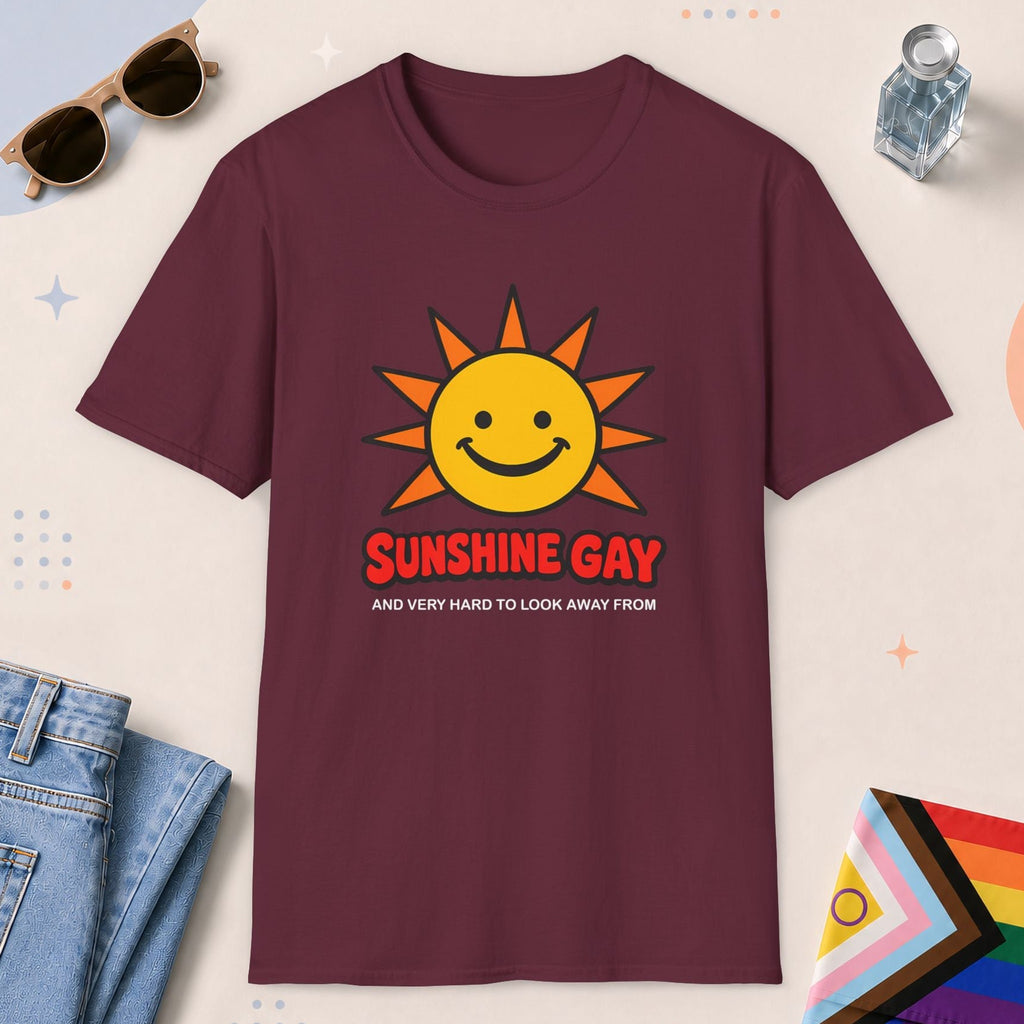 Maroon color all-gender graphic t-shirt with "Sunshine Gay" design