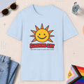 Light Blue color all-gender graphic t-shirt with "Sunshine Gay" design