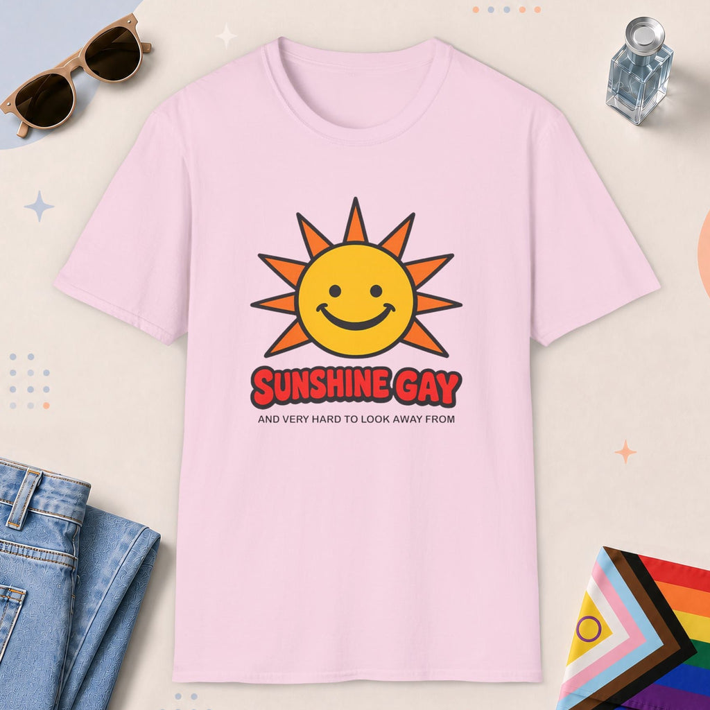 Light Pink color all-gender graphic t-shirt with "Sunshine Gay" design