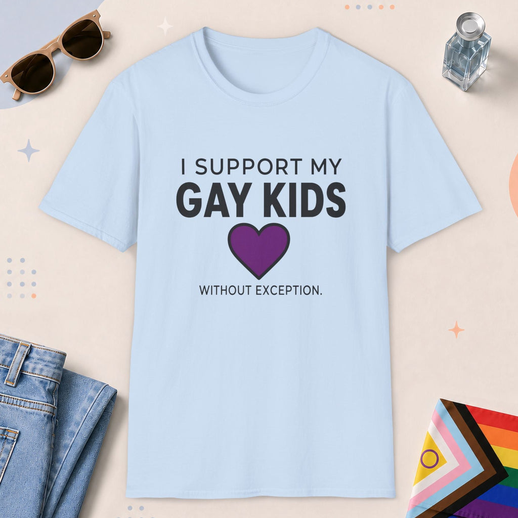 Light Blue color all-gender graphic t-shirt with "Support My Gay Kids" design