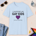 Light Blue color all-gender graphic t-shirt with "Support My Gay Kids" design