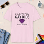 Light Pink color all-gender graphic t-shirt with "Support My Gay Kids" design