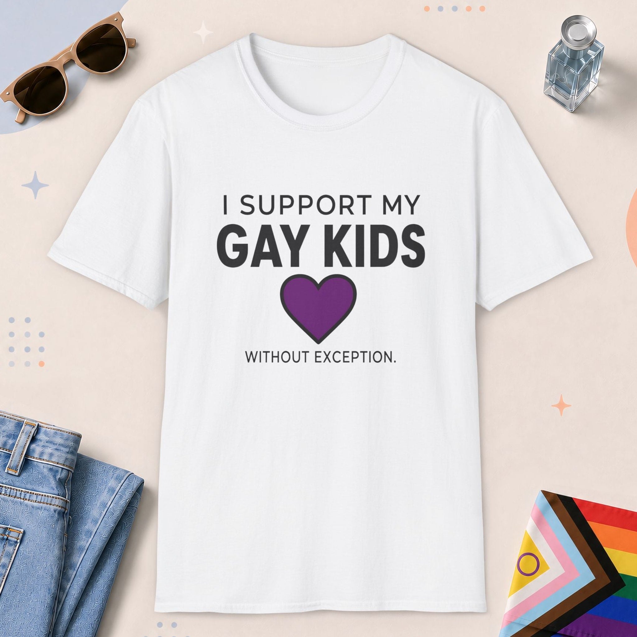 White color all-gender graphic t-shirt with "Support My Gay Kids" design