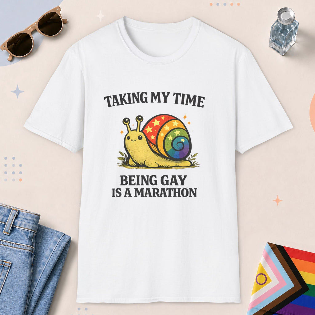 White color all-gender graphic t-shirt with "Taking My Time Snail" design
