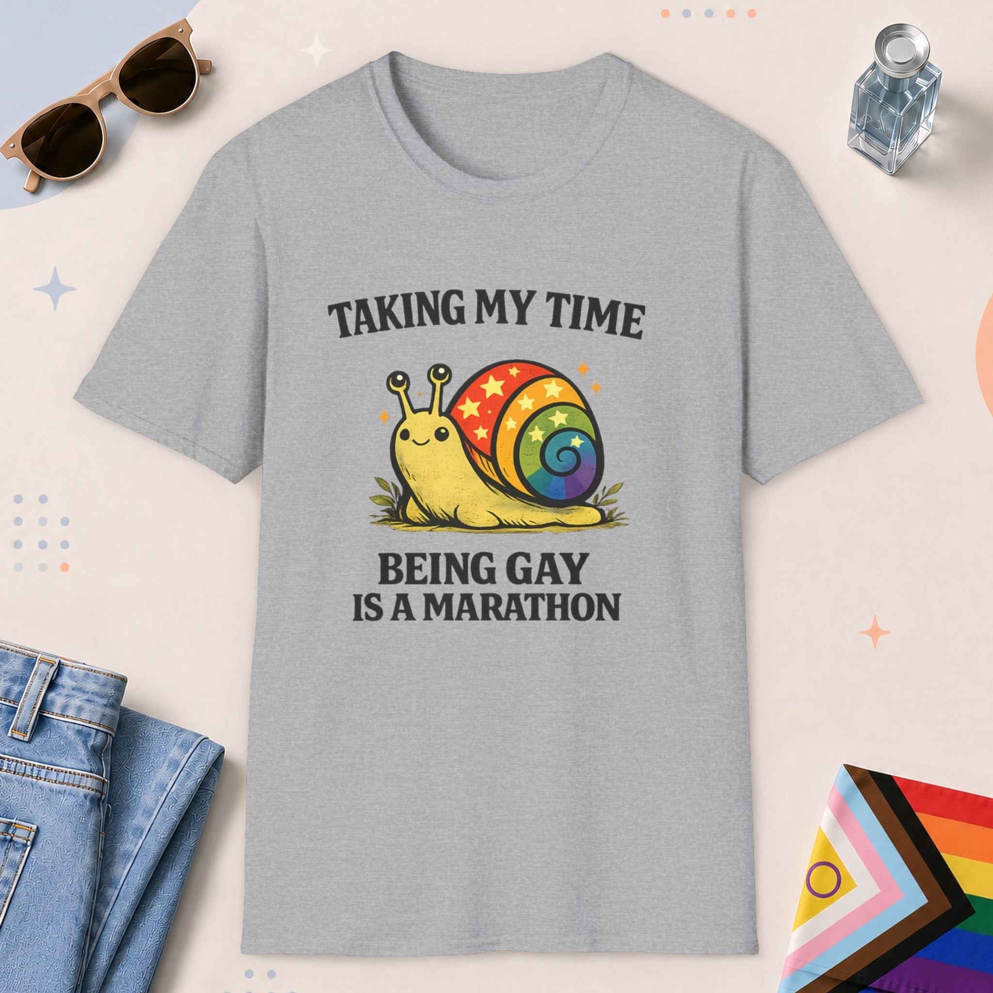 Sport Grey color all-gender graphic t-shirt with "Taking My Time Snail" design