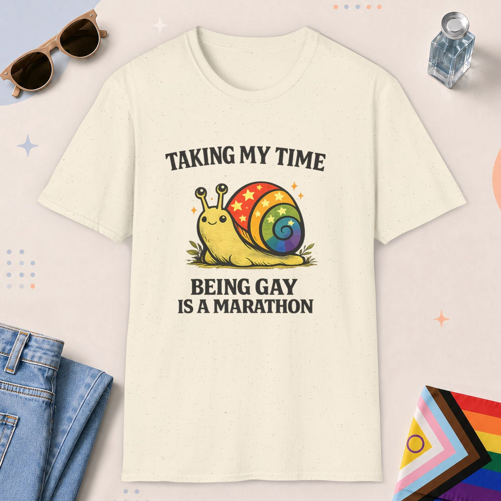 Natural color all-gender graphic t-shirt with "Taking My Time Snail" design