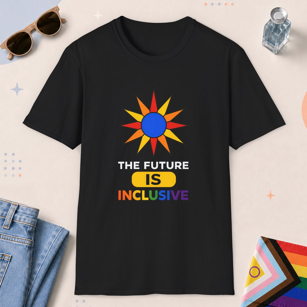 Black color all-gender graphic t-shirt with "The Future Is Inclusive" design