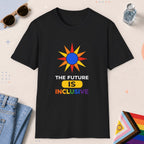 Black color all-gender graphic t-shirt with "The Future Is Inclusive" design
