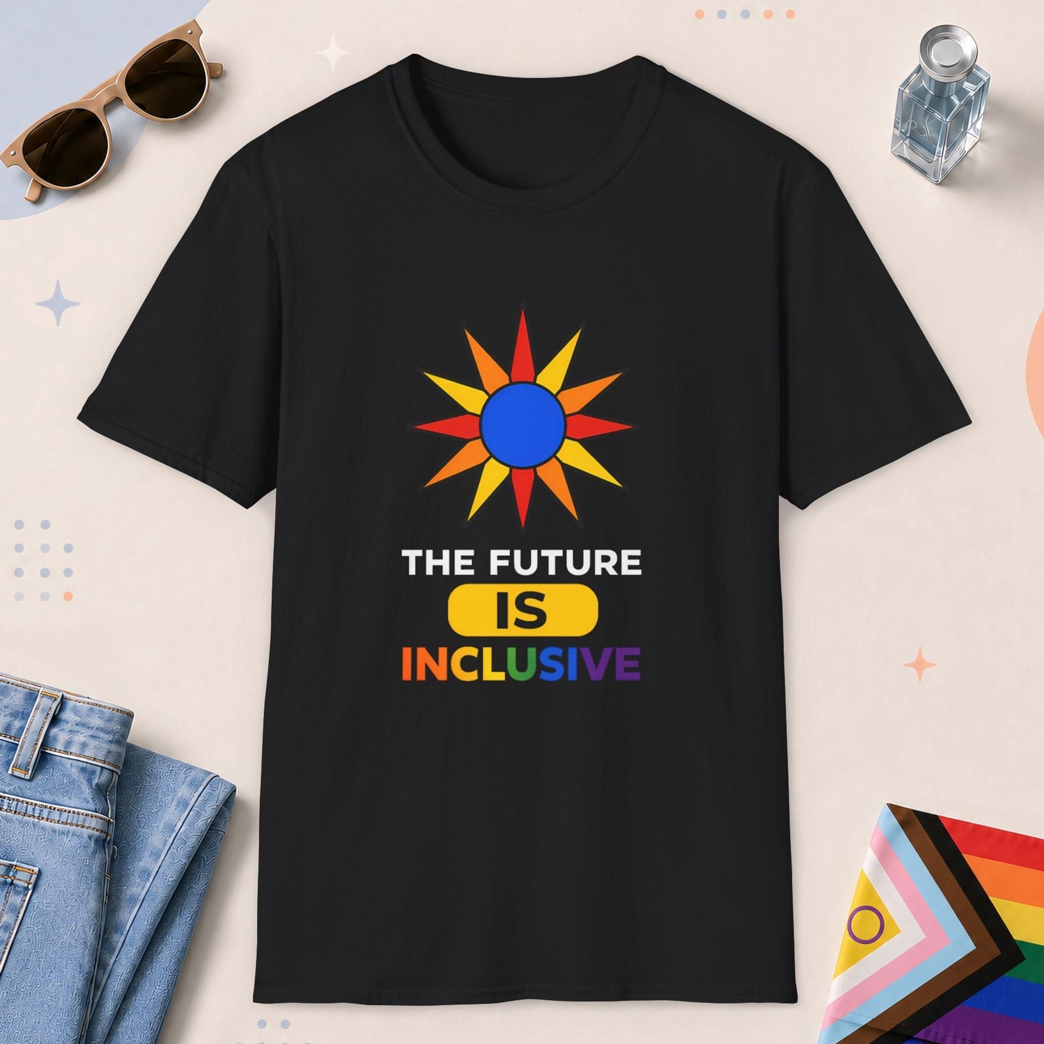 Black color all-gender graphic t-shirt with "The Future Is Inclusive" design