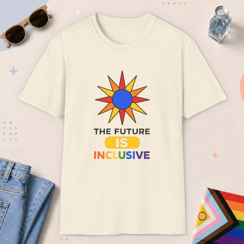 Natural color all-gender graphic t-shirt with "The Future Is Inclusive" design