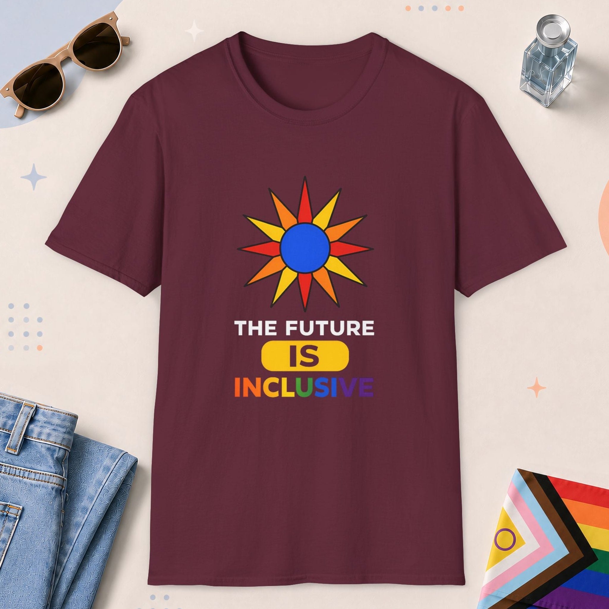 Maroon color all-gender graphic t-shirt with "The Future Is Inclusive" design