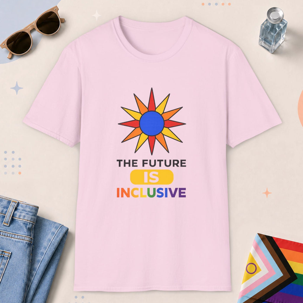 Light Pink color all-gender graphic t-shirt with "The Future Is Inclusive" design