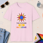 Light Pink color all-gender graphic t-shirt with "The Future Is Inclusive" design