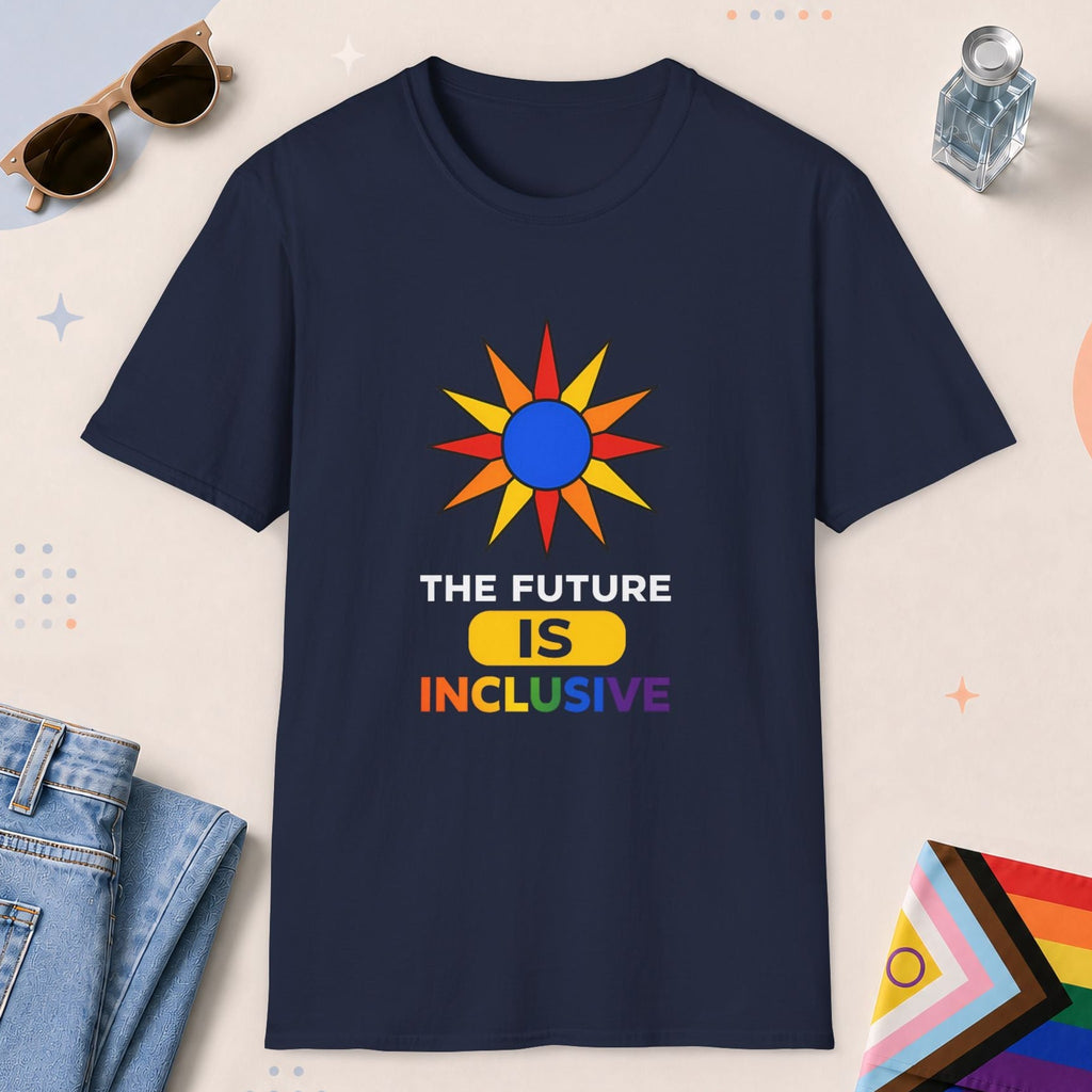 Navy color all-gender graphic t-shirt with "The Future Is Inclusive" design