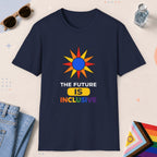Navy color all-gender graphic t-shirt with "The Future Is Inclusive" design
