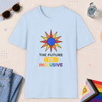 Light Blue color all-gender graphic t-shirt with "The Future Is Inclusive" design