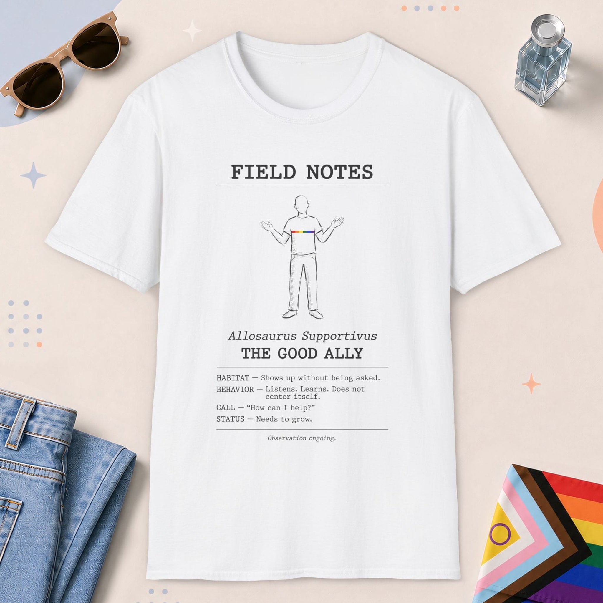 White color all-gender graphic t-shirt with "The Good Ally" design