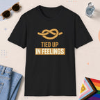 Black color all-gender graphic t-shirt with "Tied Up Feelings" design
