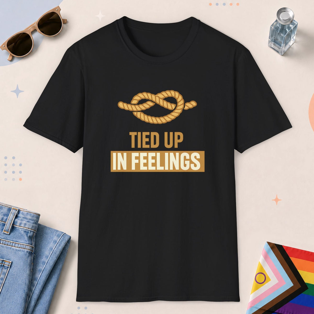 Black color all-gender graphic t-shirt with "Tied Up Feelings" design