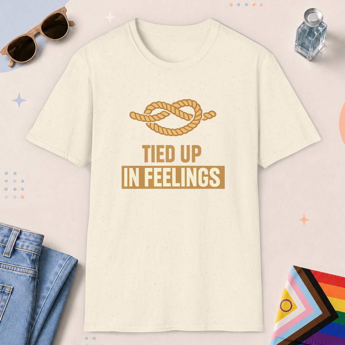 Natural color all-gender graphic t-shirt with "Tied Up Feelings" design