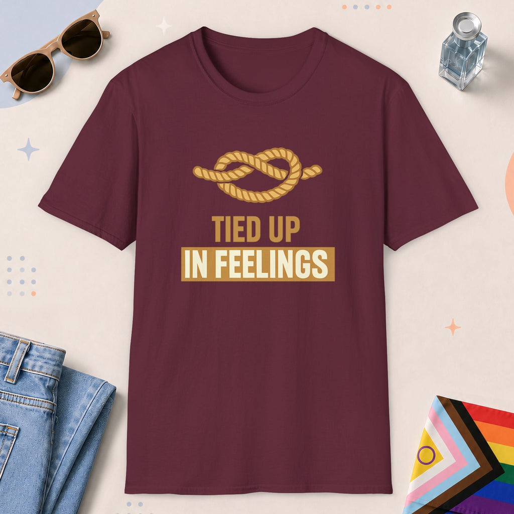Maroon color all-gender graphic t-shirt with "Tied Up Feelings" design