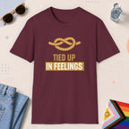Maroon color all-gender graphic t-shirt with "Tied Up Feelings" design