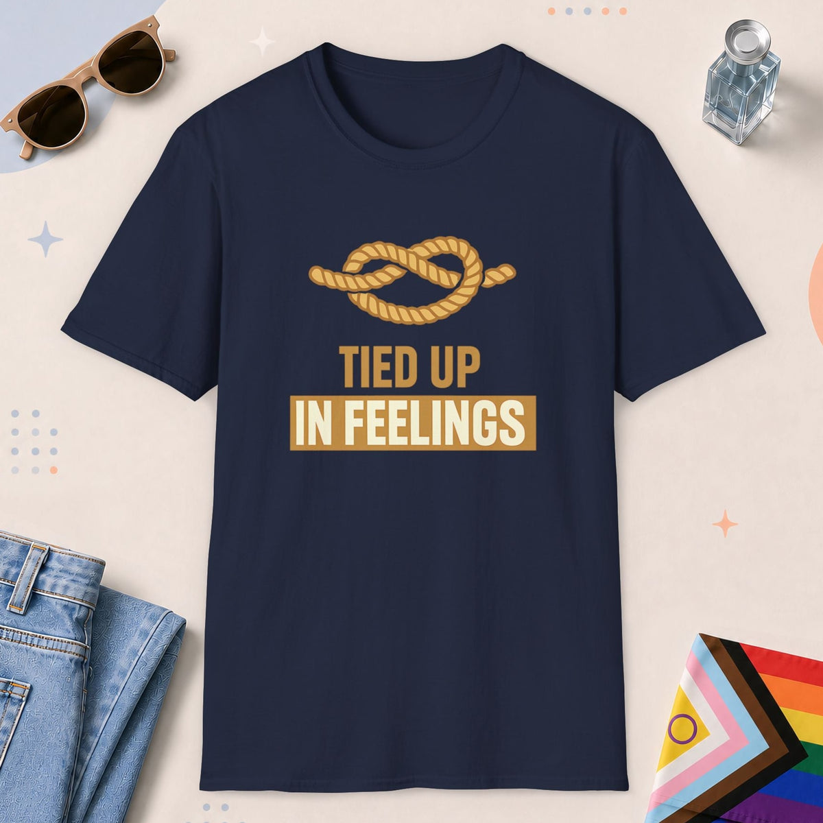 Navy color all-gender graphic t-shirt with "Tied Up Feelings" design