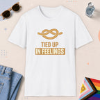 White color all-gender graphic t-shirt with "Tied Up Feelings" design