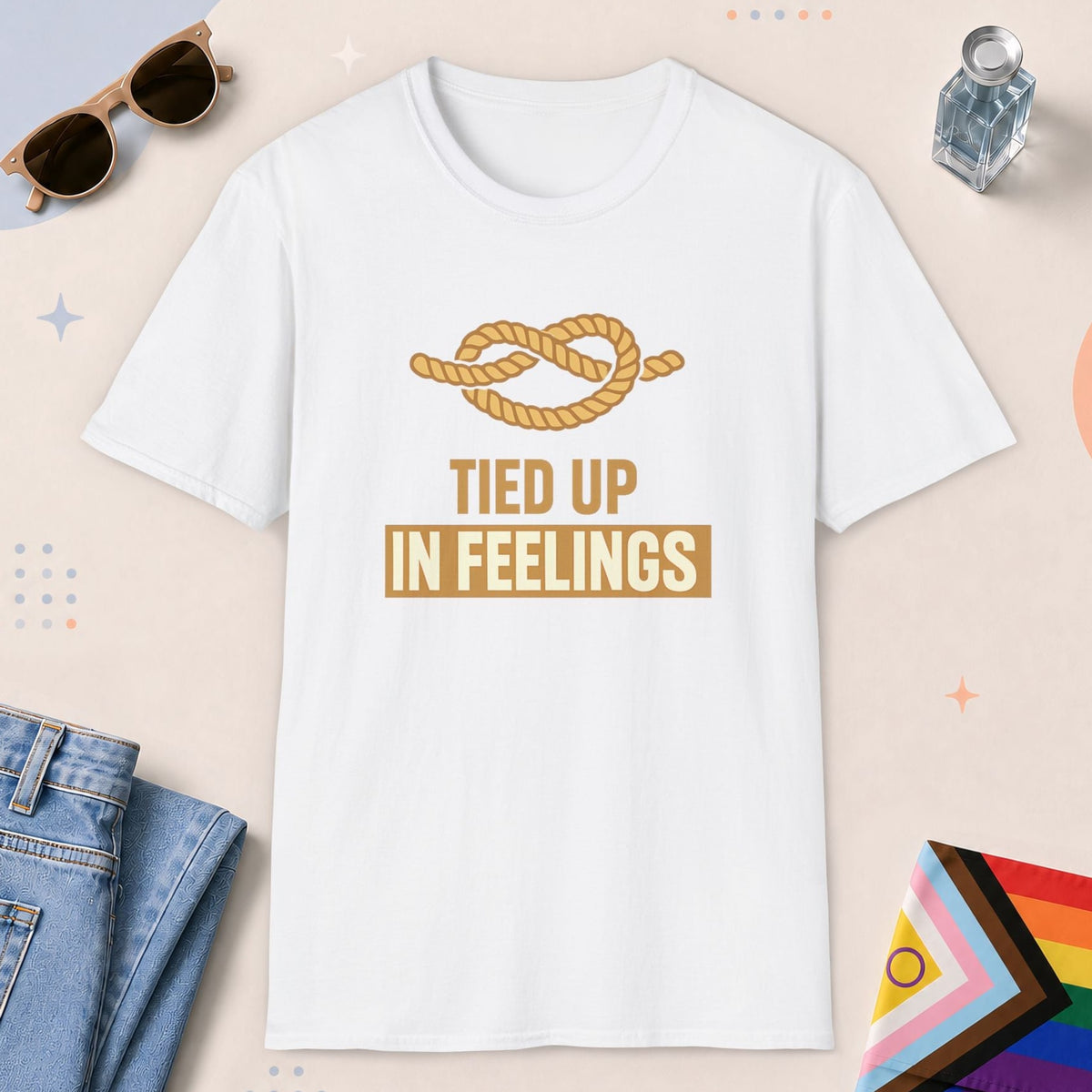 White color all-gender graphic t-shirt with "Tied Up Feelings" design