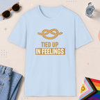 Light Blue color all-gender graphic t-shirt with "Tied Up Feelings" design