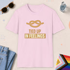Light Pink color all-gender graphic t-shirt with "Tied Up Feelings" design
