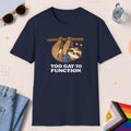 Navy color all-gender graphic t-shirt with "Too Gay Sloth" design