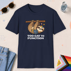 Navy color all-gender graphic t-shirt with "Too Gay Sloth" design